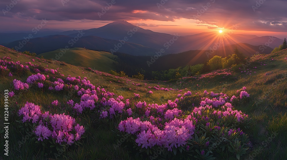 Fototapeta premium Serene Sunset Over Mountain Landscape with Wildflowers