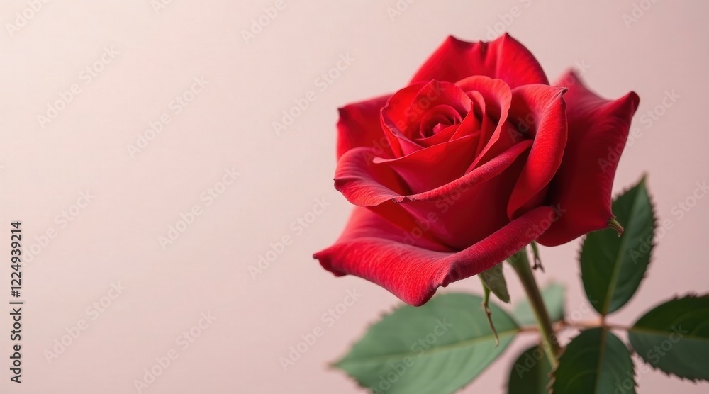 A single, vibrant red rose, elegantly displayed against a soft pink backdrop, showcasing its delicate petals and lush green foliage. A single, vibrant red rose, elegantly displayed against a soft pink backdrop, showcasing its delicate petals and lush green foliage.