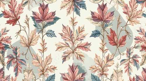 Elegant Botanical Print Featuring Delicate Leaves and Soft Hues in a Repeating Pattern