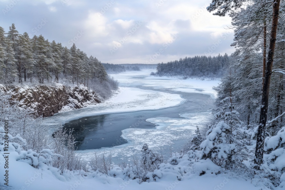 Winter landscape with a frozen river and snow-covered trees in a serene natural setting Winter landscape with a frozen river and snow-covered trees in a serene natural setting