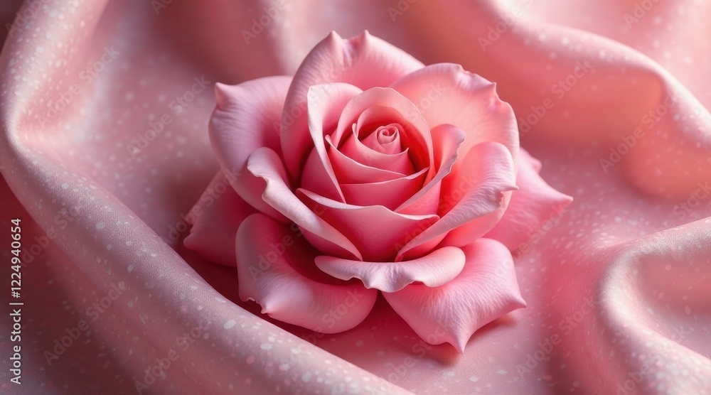 Delicate Pink Rose Blossom Resting on Soft, Textured Fabric with Subtle Speckles Delicate Pink Rose Blossom Resting on Soft, Textured Fabric with Subtle Speckles