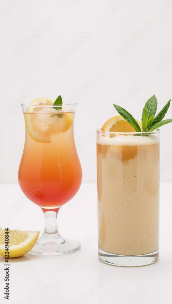 Vibrant summer cocktails showcased on a pristine white background highlighting refreshing drinks like lemonade iced coffee served in chic glasses adorned with fruit garnishes Vibrant summer cocktails showcased on a pristine white background highlighting refreshing drinks like lemonade iced coffee served in chic glasses adorned with fruit garnishes