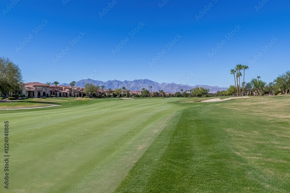 Scenic Golf Course Landscape with Lush Green Fairway and Majestic Mountains in Background Scenic Golf Course Landscape with Lush Green Fairway and Majestic Mountains in Background
