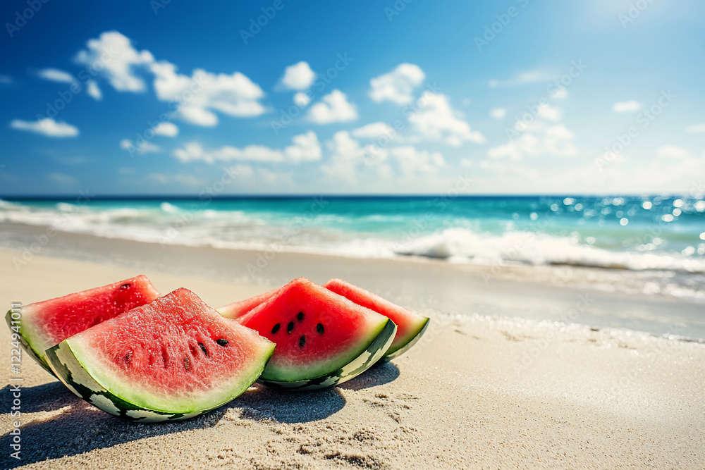 Refreshing watermelon slices on a sunny beach with waves, perfect for summer enjoyment and relaxation Refreshing watermelon slices on a sunny beach with waves, perfect for summer enjoyment and relaxation