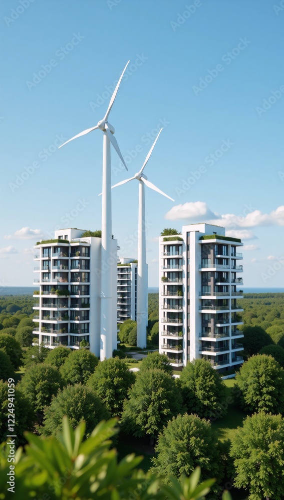 Fototapeta premium Sustainable modern homes surrounded by green spaces powered by wind turbines for an eco-friendly community