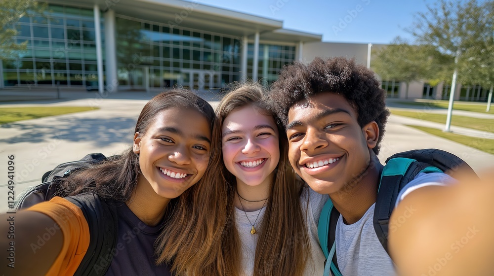 Fototapeta premium Academic Diversity: Students Eagerly Assemble on College Campus, Embarking on a New School Year