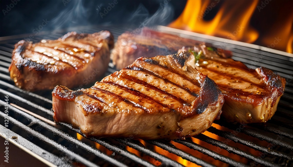 Pork chops coated in BBQ sauce on the grill, professional food photography from an angle view, showcasing rich colors and textures. Pork chops coated in BBQ sauce on the grill, professional food photography from an angle view, showcasing rich colors and textures.