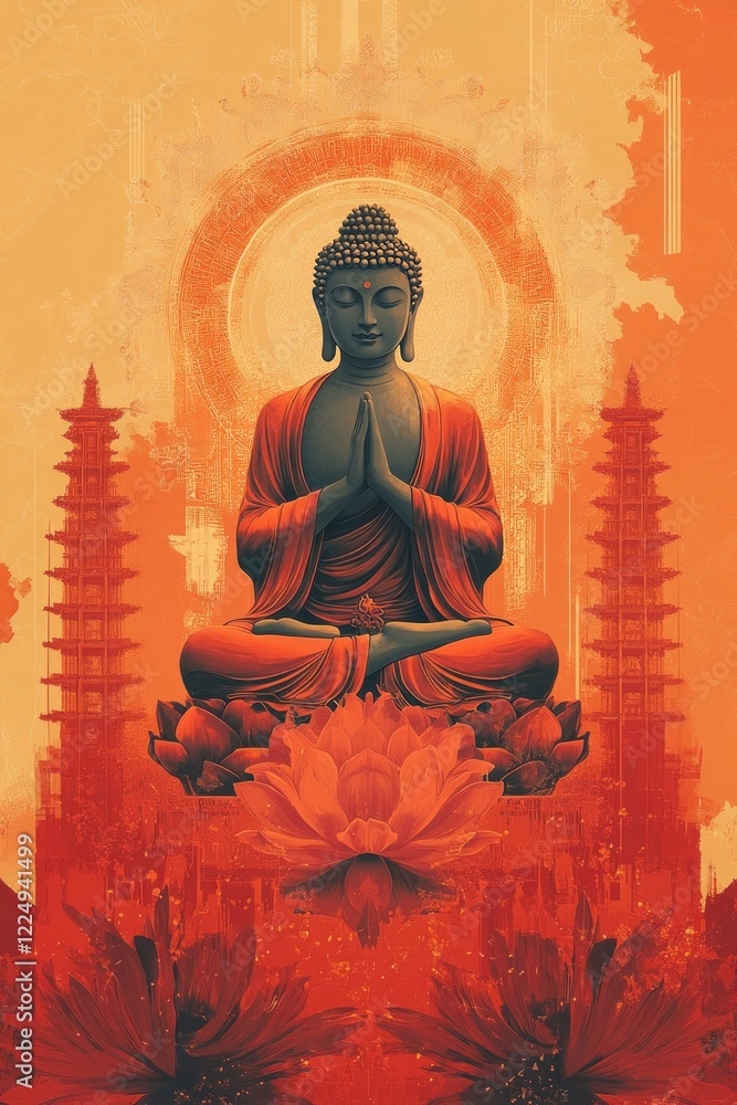 Serene Buddha amidst ancient pagodas and lotuses. Serene Buddha amidst ancient pagodas and lotuses.