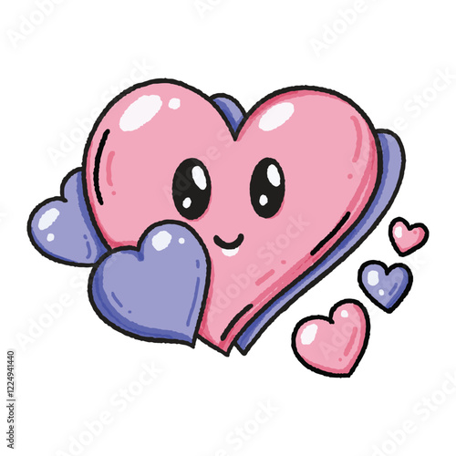 Love Valentine Days Heart Kawaii, Art Vector, hand drawn, hand drawing, vector, emoticon, icon, coloring, illustration