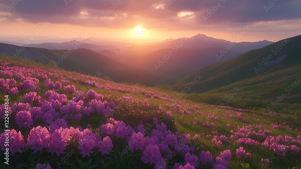 Fototapeta premium Serene Sunset Over Mountain Landscape with Wildflowers