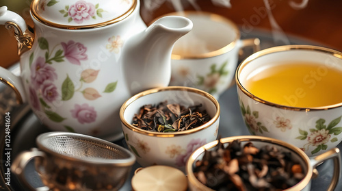 Aesthetic Tea Arrangement: Steaming Teacups and Floral Teapot on Wooden Table
