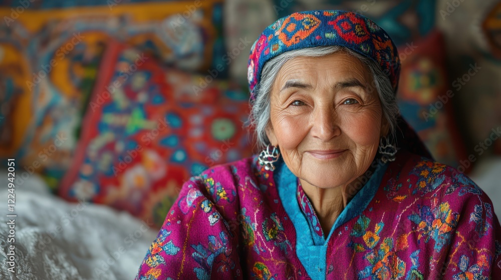 Fototapeta premium Portrait of a smiling elderly woman in traditional Central Asian clothing.