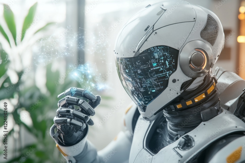 Fototapeta premium A futuristic scene of an AI assistant displaying a holographic dashboard filled with complex graphs, data streams, and interactive 3D models, symbolizing comprehensive analysis