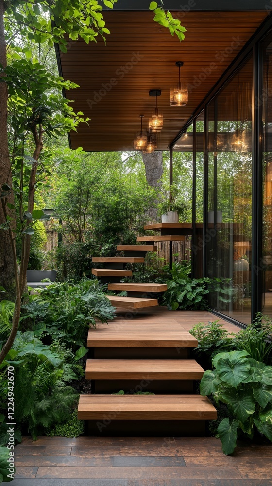 Obraz premium Serene garden pathway winding through lush greenery beside a modern glass structure under soft ambient lighting. Generative AI