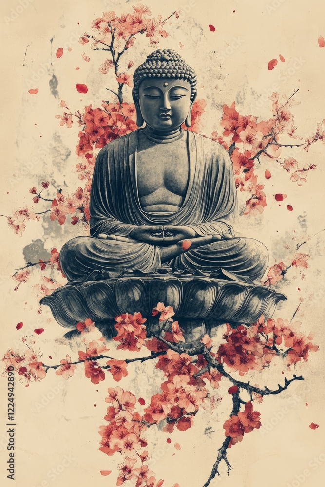 Serene Buddha statue amidst blossoming cherry blossoms. Serene Buddha statue amidst blossoming cherry blossoms.