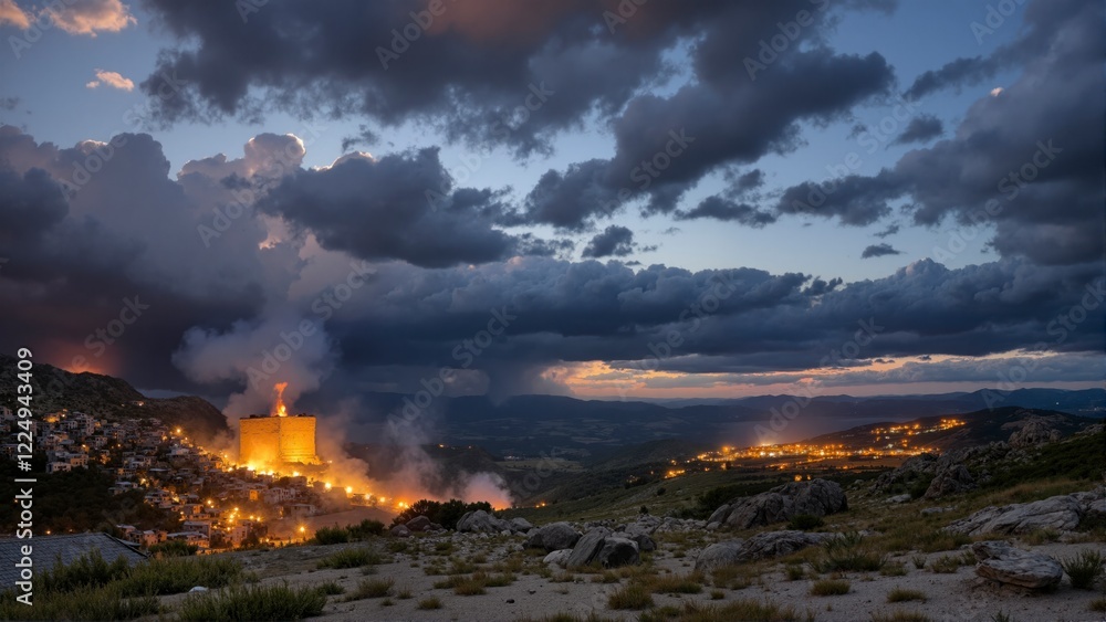 Fototapeta premium A cloudy sky with a fire in the distance