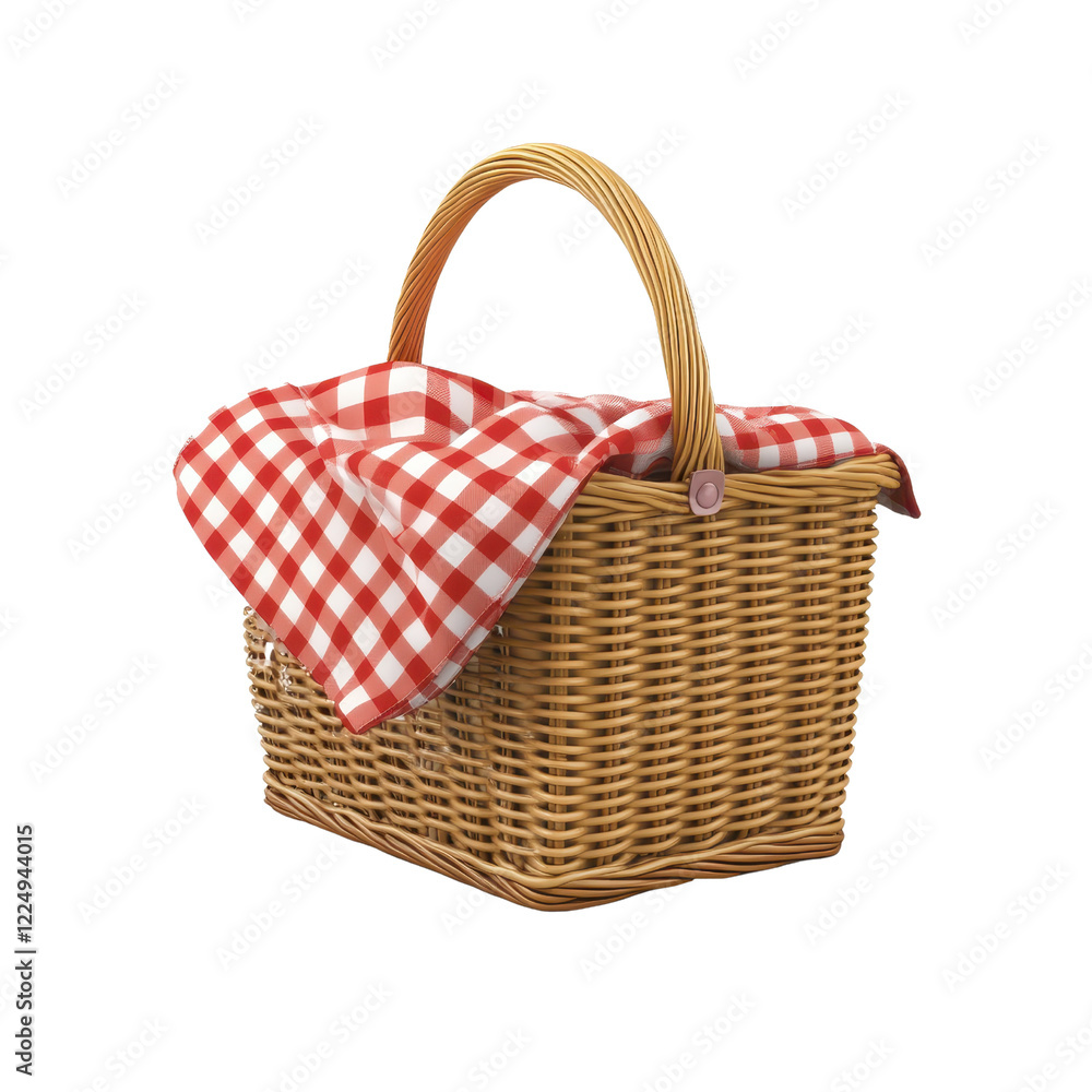 A wicker picnic basket with a red and white checked cloth for outdoor dining. A wicker picnic basket with a red and white checked cloth for outdoor dining.