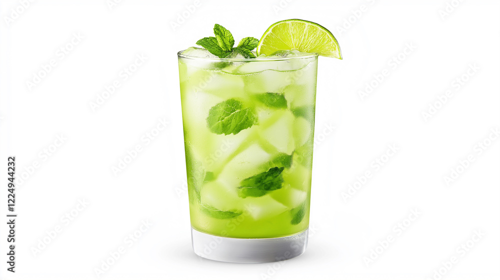 a chilled mojito served with mint leaves, lime wedges, and crushed ice. a chilled mojito served with mint leaves, lime wedges, and crushed ice.