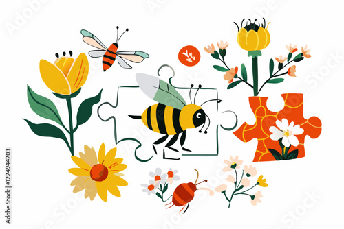Vibrant Floral and Bee Puzzle Illustration: Nature-Inspired Design for Stock Art