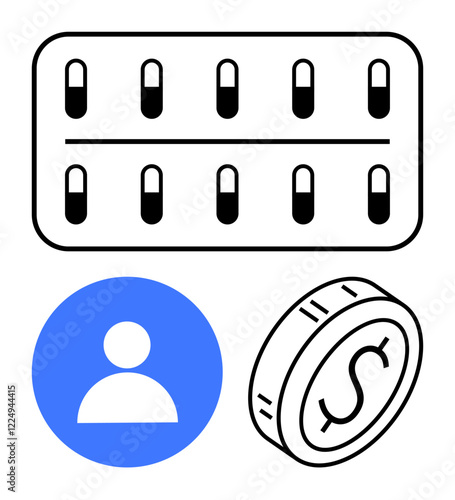 Blister pack with capsules, blue circular user avatar, and coin with dollar sign. Ideal for healthcare, medication costs, patient access, finance, insurance, pharmaceuticals abstract line flat