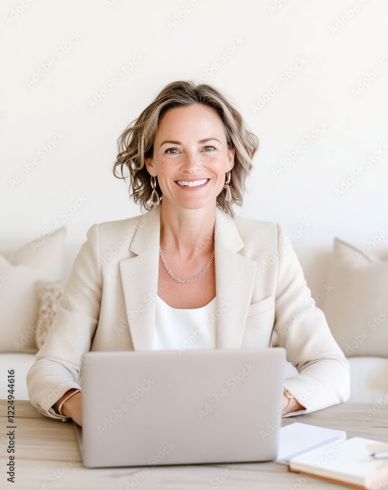 Professional woman working from home with a warm smile and a laptop during daytime Professional woman working from home with a warm smile and a laptop during daytime
