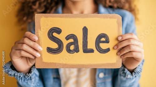 A Person Holding a Bright Yellow Sign with the Word Sale Written on It, Set Against a Simple Background, Capturing the Spirit of Shopping and Promotions photo