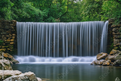 Beautiful waterfall cascades gently over rocks in a serene forest setting during midday sunlight photo