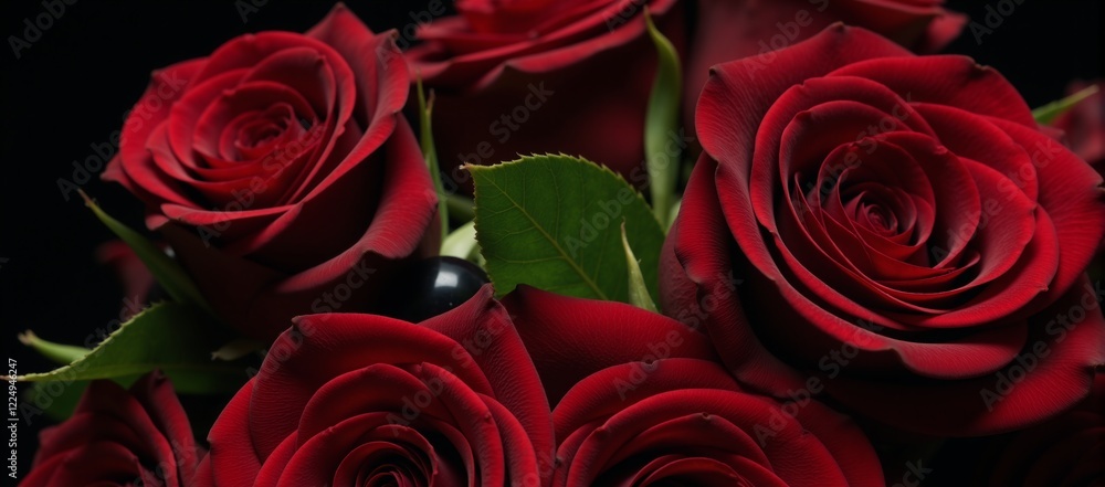 Obraz premium Detailed portrait showcasing close-up of dark red roses with green leaves and black accents