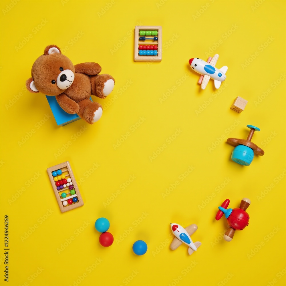 Obraz premium Toy-filled baby playroom scene featuring a teddy bear wood and music toys an abacus a plane pop it fidget toys and colorful blocks arranged against a sunny yellow backdrop in a top-down perspective