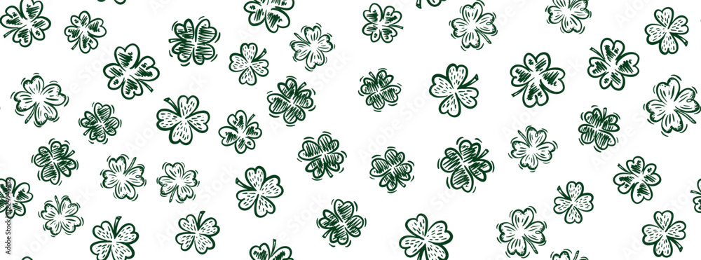 Fototapeta premium Clover pattern on white, Saint Patricks Day, hand drawn illustrations. 