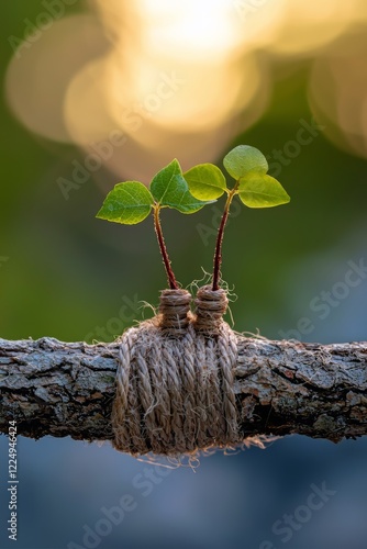 Nurturing Nature Together: A Beautiful Small Plant Blossoming from a Branch Illustrating Cooperative Environmental Efforts photo