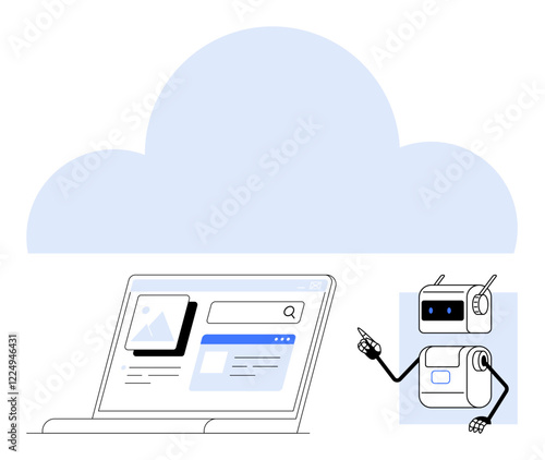 Cloud backdrop, laptop displaying search interface, digital robot with pointing gesture. Ideal for cloud computing, AI, digital automation, technology, online search, web interfaces, robotic