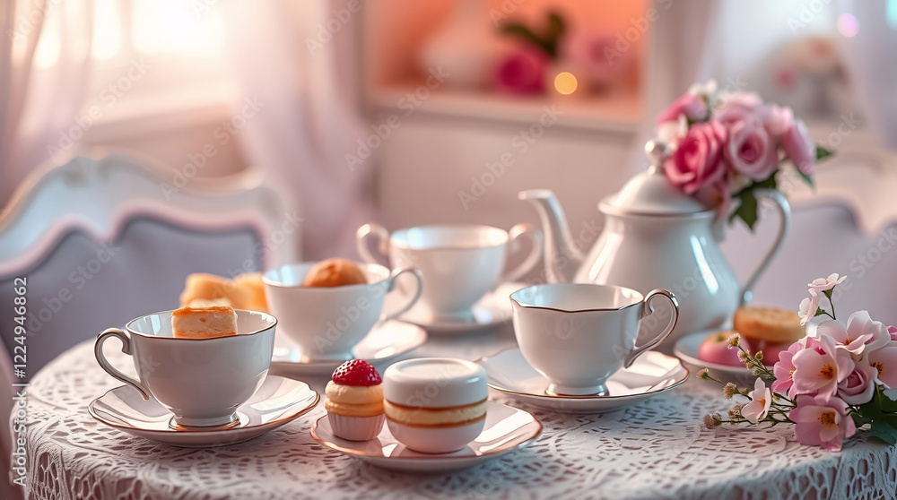 Inviting Tea Table Display with Gourmet Pastries and Floral Centerpieces Inviting Tea Table Display with Gourmet Pastries and Floral Centerpieces