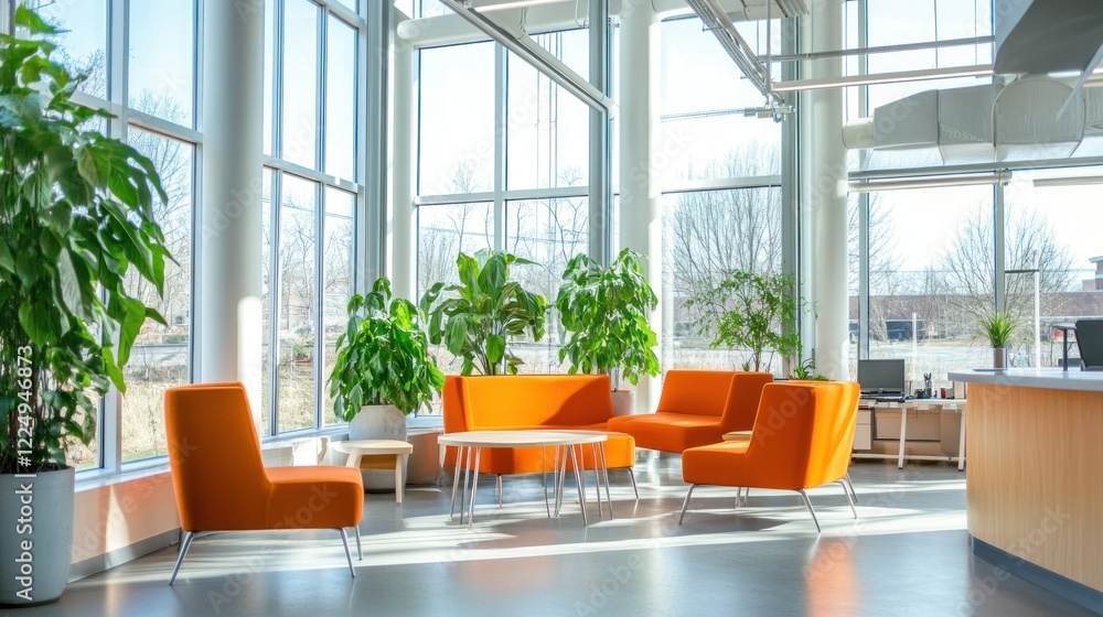 Bright and modern office space with large windows, orange furniture and potted plants Bright and modern office space with large windows, orange furniture and potted plants