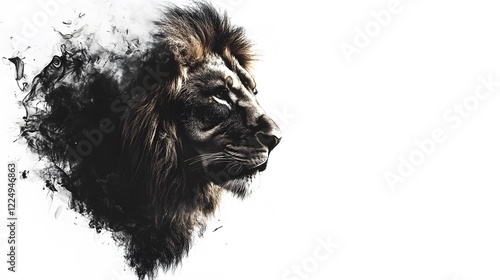 Majestic lion profile, partially obscured by ink-like smoke.