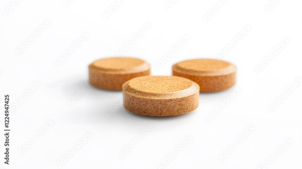 Three brown tablets on a white background. Close-up view. Three brown tablets on a white background. Close-up view.