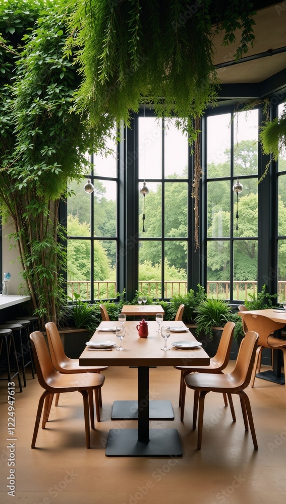 Fototapeta premium Modern eco-restaurant boasts a stunning greenhouse design blending lush greenery wood furnishings and a sleek bar area to represent sustainability natural beauty innovation in dining culture