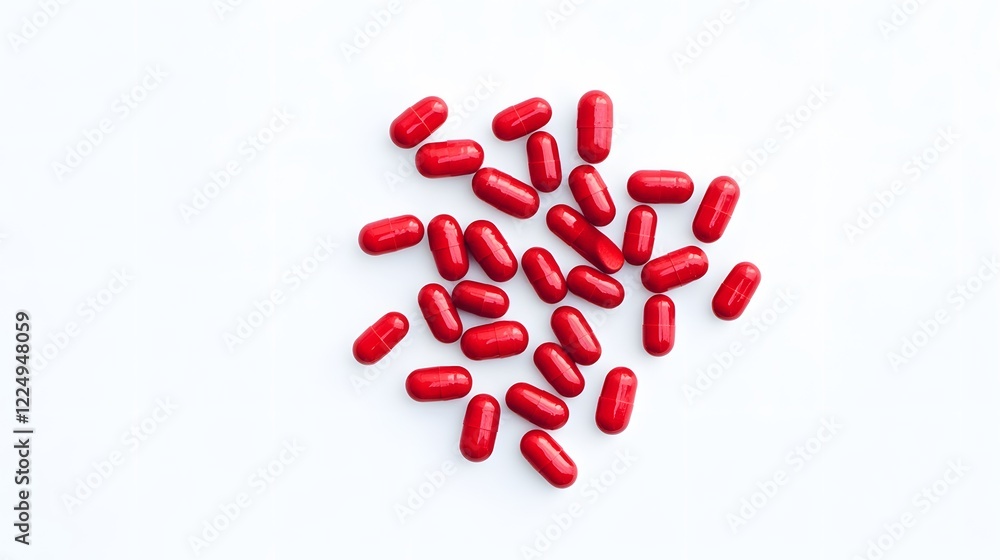 Red capsules scattered on a white background. Red capsules scattered on a white background.