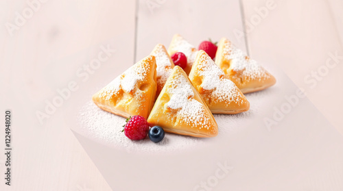Golden Brown Pastry Triangles with a Dusting of Powdered Sugar and Fresh Fruit