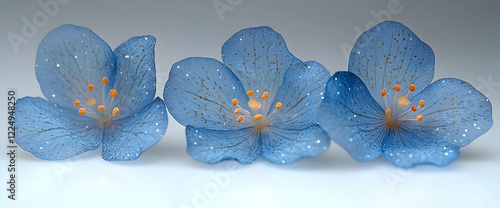 Three Delicate Blue Glass Flowers on White Background photo