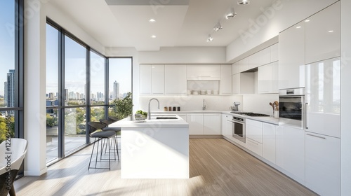 Bright modern kitchen with white cabinetry and large windows offering a city view