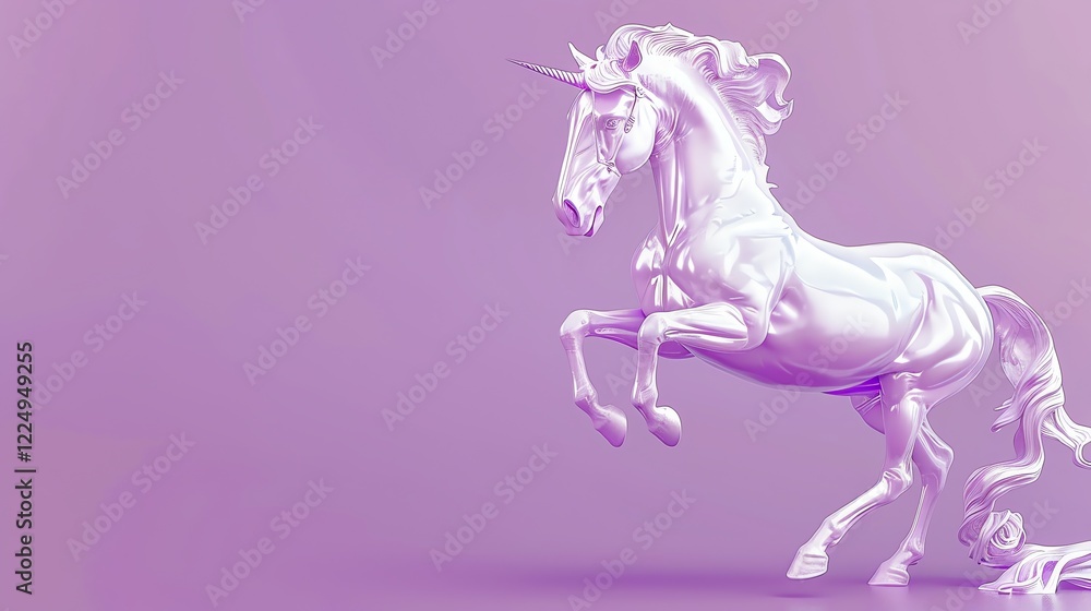 Fototapeta premium A 3D rendered image of a white unicorn standing on its hind legs against a purple background.