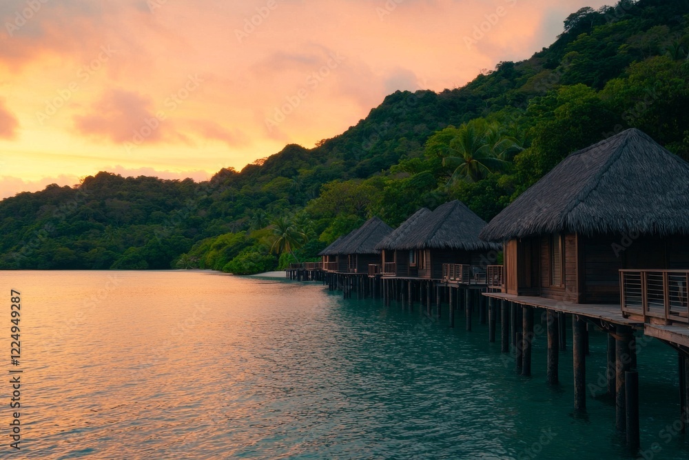Fototapeta premium A serene sunset view over water bungalows, surrounded by lush greenery and mountains, creating a tranquil and picturesque tropical escape.