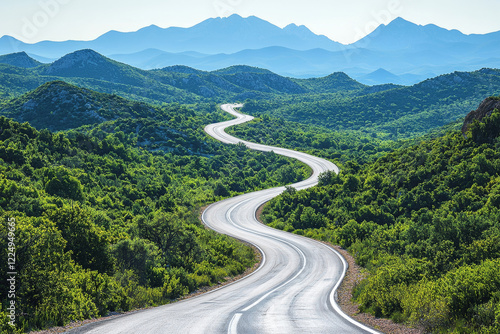Winding road through lush green hills and distant mountains.
