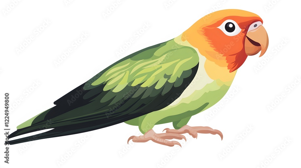 Fototapeta premium A vibrant green and orange lovebird, perched and facing right, displays its colorful plumage.