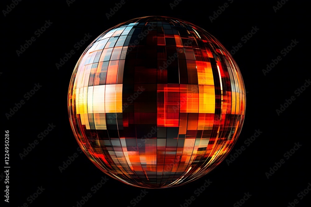 A spherical shape with digital glitch effects where part of the sphere fades into the background with space for text A spherical shape with digital glitch effects where part of the sphere fades into the background with space for text