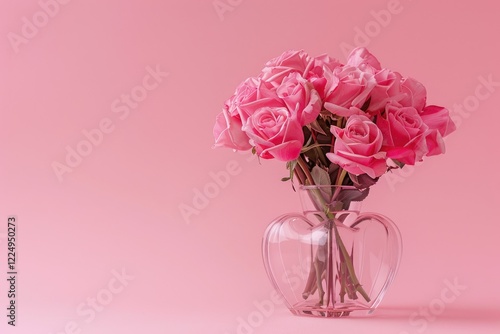 Bouquet of pink rose flowers in vase on pastel pink table background. Birthday, Wedding, Mother's Day, Women's Day. Flat lay, top view, copy space. MZ