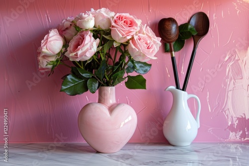 Beautiful pink heart shaped vase with pink flowers on a white marble table.. MZ