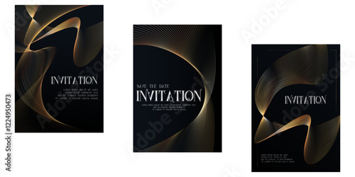 Elegant golden waves Luxury invitation card background. Premium geometric shape, gold line gradient on dark. Rich design for gala card, grand opening, party invitation, layout, templates.	