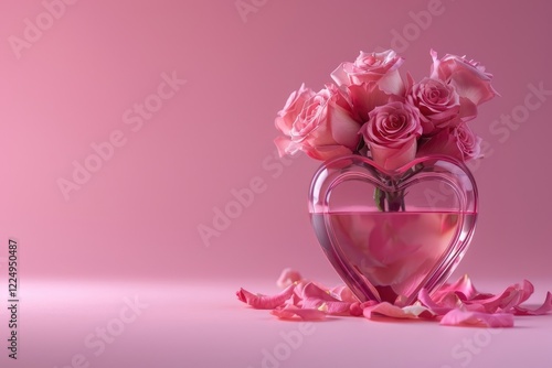 Bouquet of pink rose flowers in vase on pastel pink table background. Birthday, Wedding, Mother's Day, Women's Day. Flat lay, top view, copy space. MZ